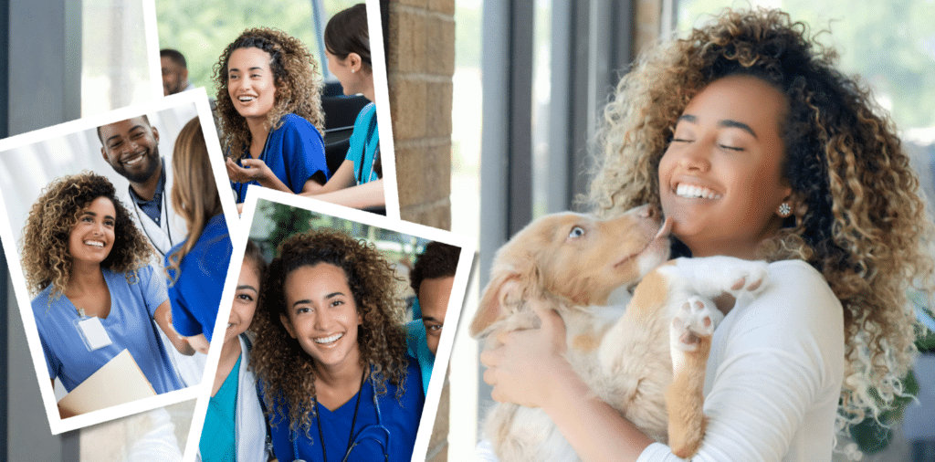 Photo collage featuring a smiling travel nurse with a pet dog. In one photo, she is working with colleagues, wearing scrubs and a stethoscope. In another photo, she is seen on assignment, talking with other travel nurses. The third photo shows her with her pet dog, both looking happy and content.