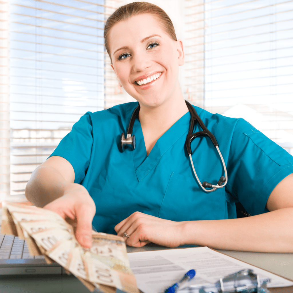 Travel Nurse holding money