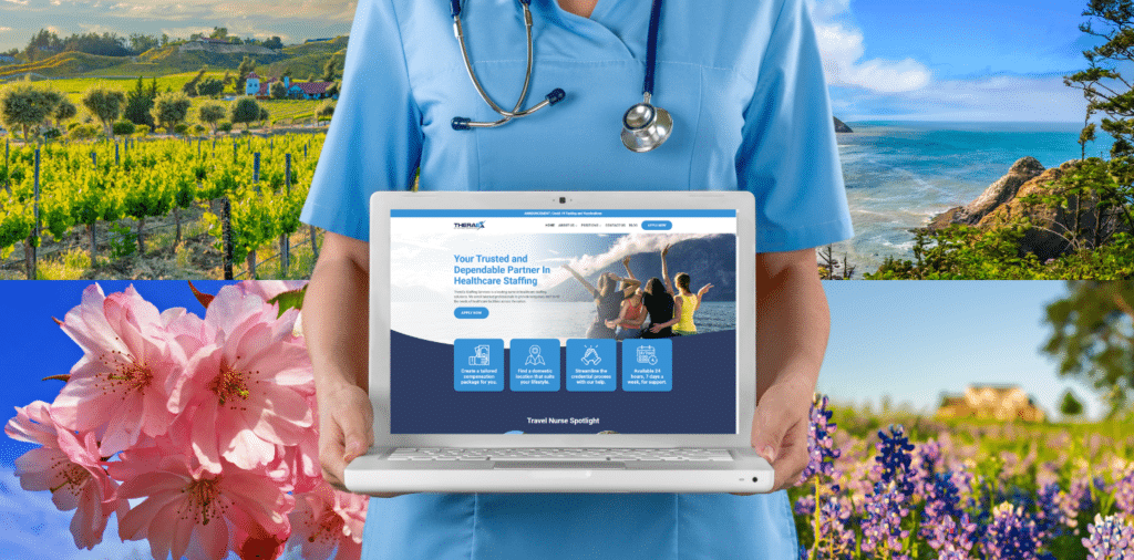 A travel nurse wearing blue scrubs and a stethoscope stands in front of images of the top four travel nurse cities for assignments in the spring. She holds a laptop displaying the home page of TheraEx Staffing Services website.