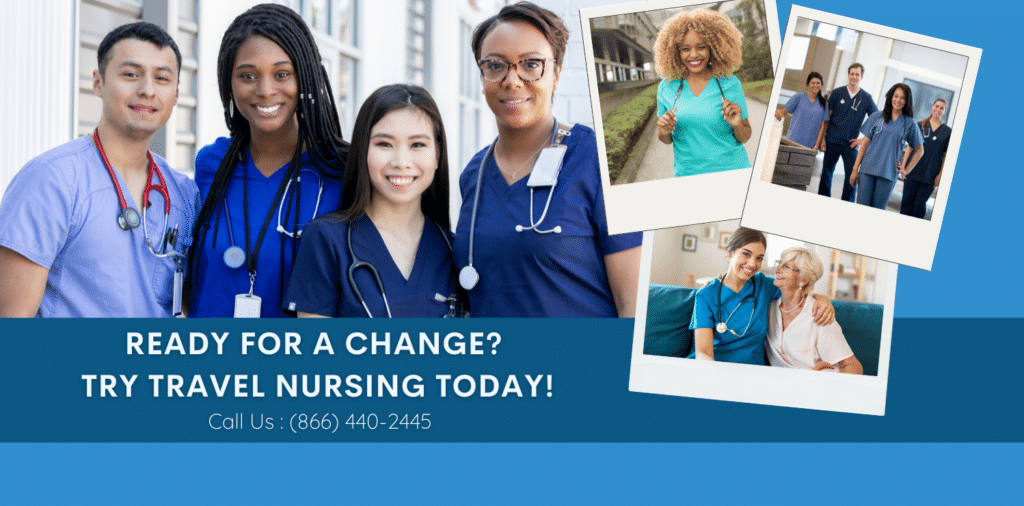 Banner image featuring smiling travel nurses with TheraEx Staffing Services contact information. Text reads "Ready for a change? Try travel nursing today!"