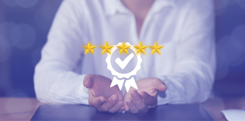 Hands symbolizing top-notch service, cradle five shining stars above. TheraEx Staffing Services shines as a Top Rated Healthcare Staffing Firms in the First Half of 2023