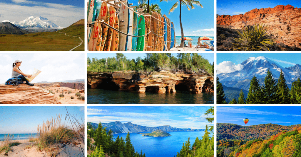 Captivating photo collage celebrating American Adventures Month: Majestic Denali National Park, surfboards lined up at Waikiki Beach in Honolulu, breathtaking Red Rock Canyon near Las Vegas, a woman exploring the Grand Canyon with a map, picturesque Apostle Islands, stunning Mount Rainier National Park, the mesmerizing Crater Lake National Park, serene Lake Michigan, and vibrant Vermont fall foliage.