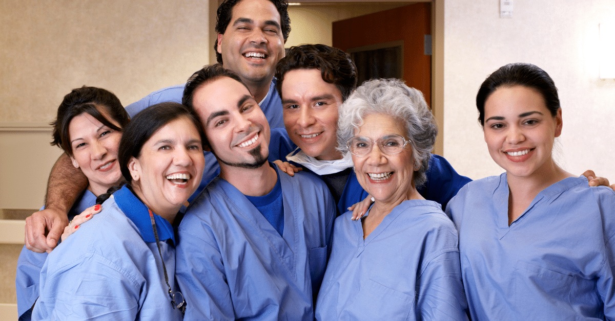 Nurses showcasing their diverse roles across various healthcare settings, united with smiles.