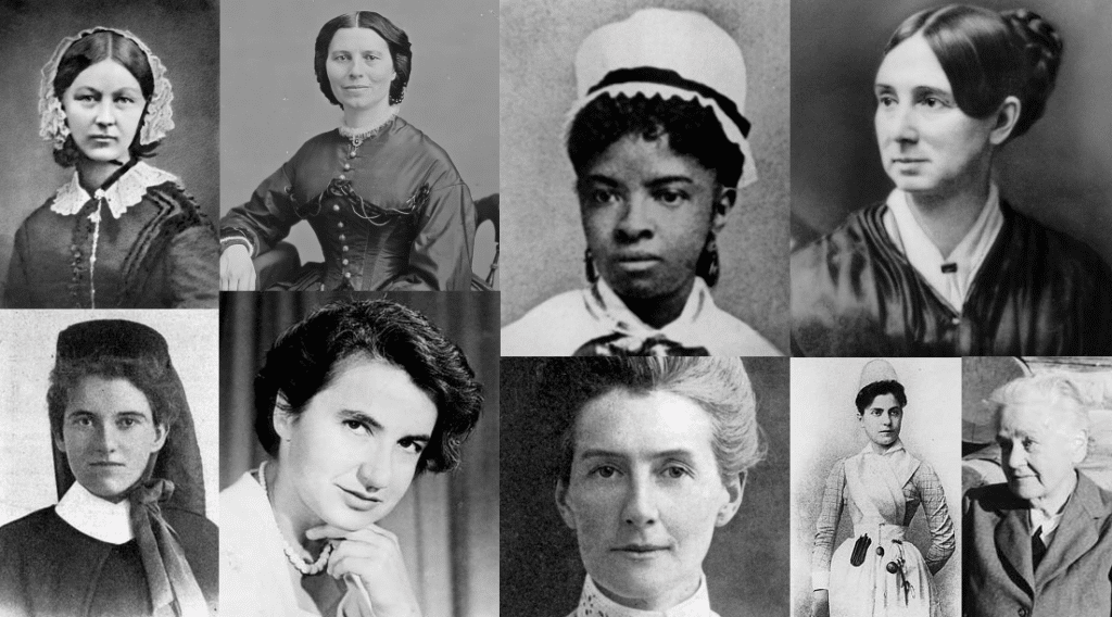 Collage featuring notable women in healthcare: Florence Nightingale, Clara Barton, Mary Eliza Mahoney, Dorothea Dix, Sister Elizabeth Kenny, Rosalind Franklin, Edith Cavell, Lillian Wald, and Mary Breckinridge. Celebrating their contributions to healthcare.