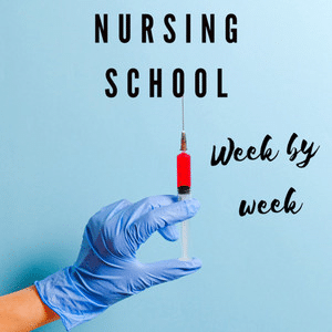 Nursing School Week by Week podcast logo. The text 'Nursing School Week by Week' is prominently displayed on a light blue background. To the left of the text, an illustration of a gloved hand holds a syringe, poised to administer medication. The imagery symbolizes the nursing profession and the essential skills taught and learned throughout nursing school. This logo represents the podcast’s dedication to supporting nursing students as they progress through their studies, week by week.