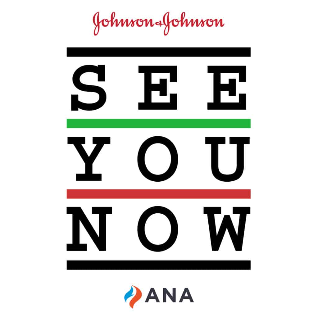 Logo for the See You Now podcast, a collaboration between Johnson & Johnson and the American Nursing Association. The design creatively mimics a Snellen eye chart, featuring the podcast name "See You Now", arranged in a recognizable eye exam format. This unique design symbolizes clarity, vision, and focus, aligning with the podcast’s mission to provide clear and valuable insights for nurses.