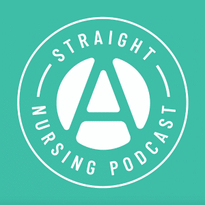 The logo of the Straight A Nursing podcast is showcased. The text 'Straight A Nursing' is prominently displayed against a vibrant green, circular background. The letter 'A' in the center stands out, symbolizing the focus on academic excellence in nursing. The design reflects the podcast's commitment to providing quality and informative content for nursing professionals and students.