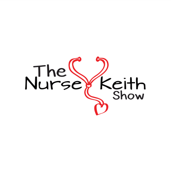 Logo of The Nurse Keith Show podcast, featuring the podcast name in bold letters with a graphic of a red stethoscope centered between the text, symbolizing the medical and nursing focus of the show.