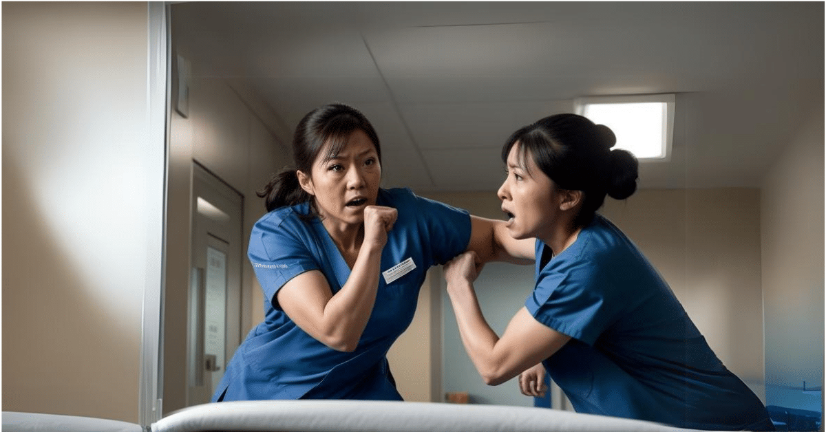 Two nurses in blue scrubs engaged in a physical altercation, throwing punches. Illustrating a concerning issue: nurse-on-nurse violence in healthcare settings.