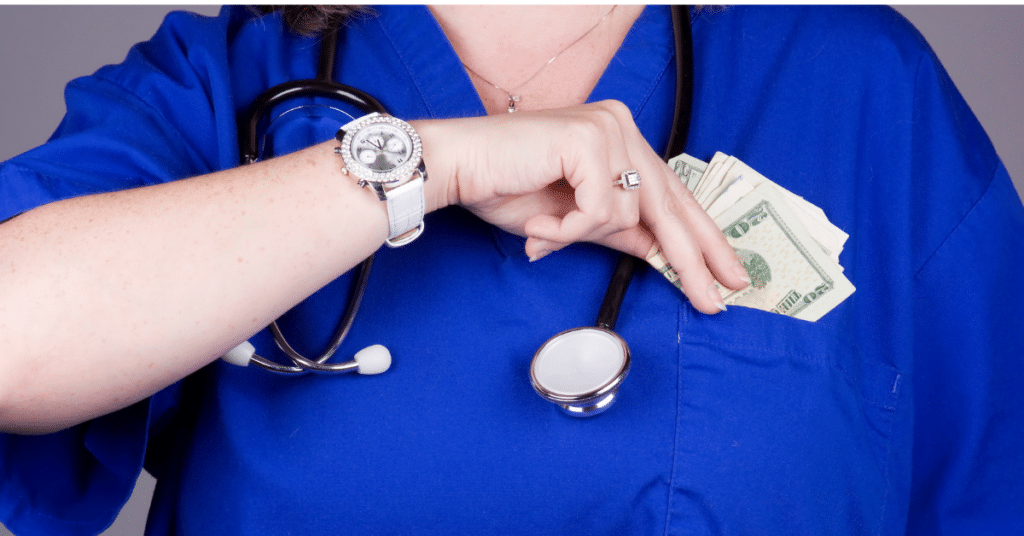 A travel nurse, attired in scrubs and a stethoscope, donning a jewel-encrusted watch, reaches into her scrub pocket, retrieving cash. This image signifies the concept of travel nursing salaries.