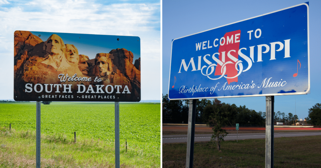 South Dakota welcome highway sign at the state border and Mississippi welcome highway sign at the state border. South Dakota led the pack with a 4.1% increase in travel nursing salaries, reaching $2,531 in October, 4.5% above the national average. Meanwhile, Mississippi saw a significant 7.6% decrease, dropping to $2,041, making it the lowest-paying state in the country.