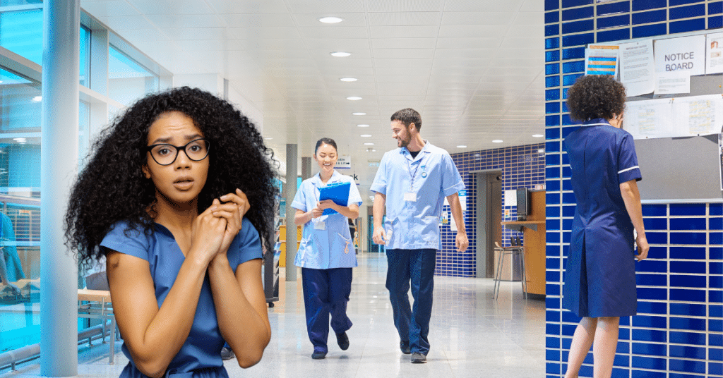 An anxious nurse stands in a well-lit hospital hallway, dressed in scrubs. She looks apprehensive and has a nervous look on her face. This is her first day at a new travel nurse assignment, and she's experiencing the typical first day jitters.