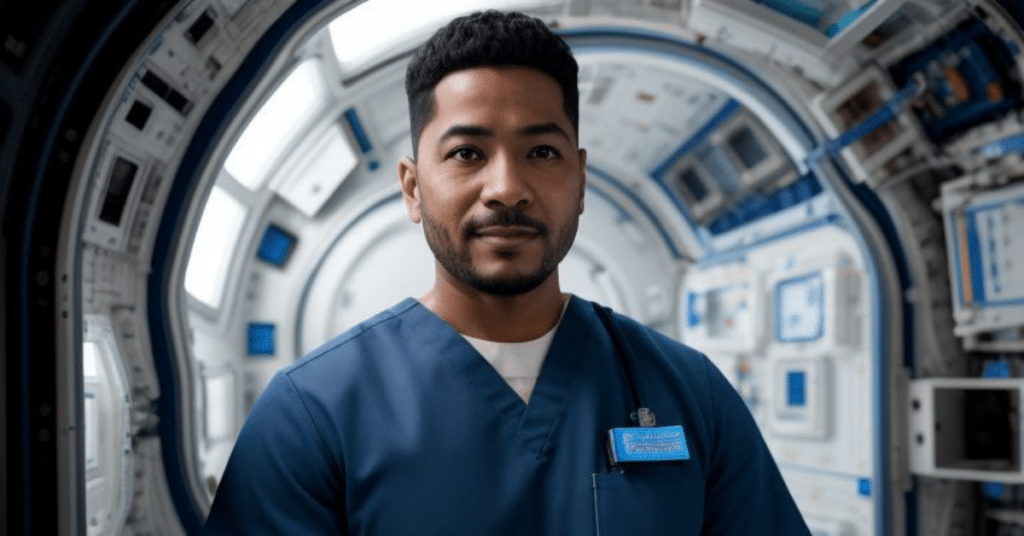 A male travel nurse dressed in blue medical scrubs is working inside a space station. He is focused on his duties in this unique and futuristic setting, symbolizing the emerging trends in travel nursing and space tourism anticipated in 2024.