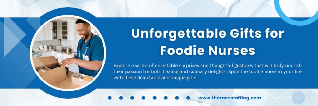 The image depicts a nurse in blue scrubs, smiling brightly as they open a meal delivery subscription box, a perfect gift for foodie nurses. The text overlay, "Unforgettable Gifts for Foodie Nurses," complements the scene, inviting viewers to explore a world of delectable surprises and thoughtful gestures tailored for nurses with a passion for culinary delights. The nurse's expression conveys excitement and appreciation, embodying the joy of receiving a unique and nourishing gift that caters to their love of food and cooking. The image captures the essence of thoughtful gifting for those dedicated to the healing profession.
